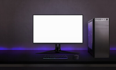 Fototapete - gaming computer with isolated screen for mockup on desk. modern computer hardware with gaming led li