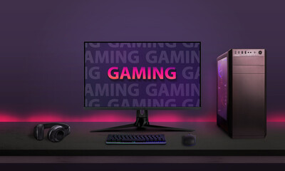 Fototapete - modern desktop gaming setup on desk with led lights in background. modern gaming font concept on com
