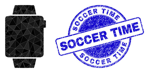 Wall Mural - Low-Poly polygonal smart watches gadget symbol illustration with SOCCER TIME grunge seal print. Blue seal includes Soccer Time caption inside round it.