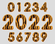 Stylish Numbers Textured Tigers Skin From 0 To 9. Happy New Year 2022 Year Of Tiger.