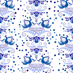 Wall Mural - Blue seamless pattern with birds in the style of ethnic cobalt painting on porcelain. Floral tiled background for wallpaper, fabric or wrapping paper