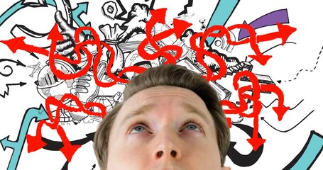 Poster - Animation of caucasian man over red pattern and drawings on white background