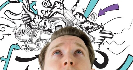 Poster - Animation of caucasian man over drawings on white background