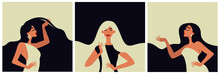 Beautiful Women With Long Hair In Different Poses. Cards With Minimalistic Illustrations.