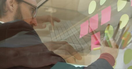 Poster - Animation of hands using laptop over brainstorming businessman writing notes