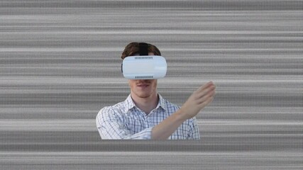 Poster - Animation of businessman wearing vr headset on grey striped background
