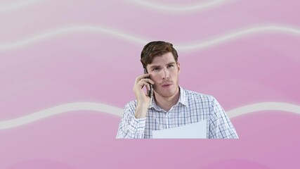 Poster - Animation of businessman using smartphone on pink striped background