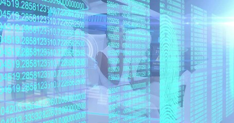 Poster - animation of biometric fingerprint and data processing over woman in self drive car