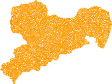 Golden Mosaic Map Of Saxony State. Golden Collage For Map Of Saxony State. Vector Collage Of Yellow Detritus Items. Mosaic Map Of Saxony State Is Constructed With Golden Items.