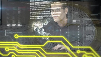 Poster - Animation of yellow lines and data processing over caucasian man using computer