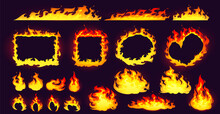 Cartoon Fire Frames And Bonfire, Rectangular, Square, Round And Heart Shaped Burning Borders With Long Red And Yellow Flame Tongues On Edges Isolated Blazing Borders 2d Elements, Vector Icons Set