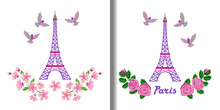 Eiffel Tower Embroidery Patterns Set With Flowers And Birds