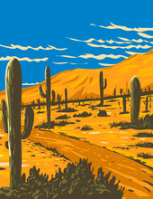WPA Poster Art Of Picacho Peak State Park With Saguaro Cactus Surrounding Picacho Peak In Picacho, Arizona, United States Of America USA Done In Works Project Administration Style.