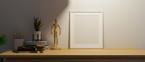 Blank picture frame mockup on wooden tabletop under low light.