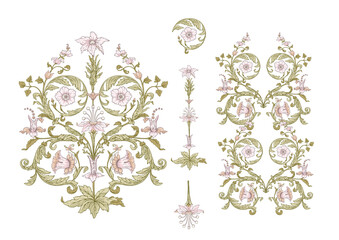 Set of elements of pattern with stylized flowers in medieval style. Outline vector illustration