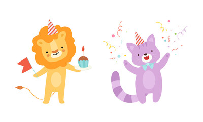 Wall Mural - Cute Lion and Cat Wearing Birthday Hat Holding Cupcake Celebrating Holiday Vector Set