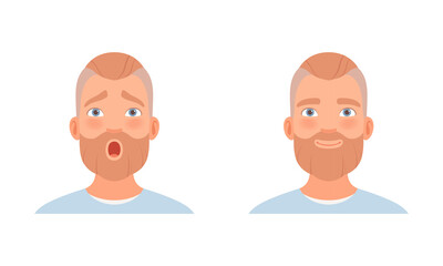 Sticker - Bearded Man Head with Smile and Gasp as Facial Expression Vector Set