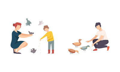 Sticker - People Character Feeding Birds with Crumbs Walking in the Park Vector Set