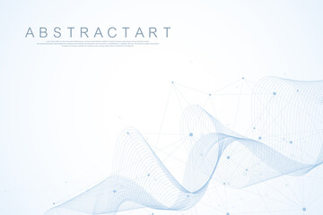 Poster - Technology abstract lines and dots connection background. Connection digital data and big data concept. Digital data visualization. Waves flow. Quantum explosion technology. Vector illustration.