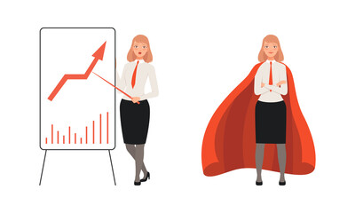 Wall Mural - Woman Office Employee Character Wearing Suit and Red Tie in Superhero Cloak and Pointing at Growing Chart Vector Set