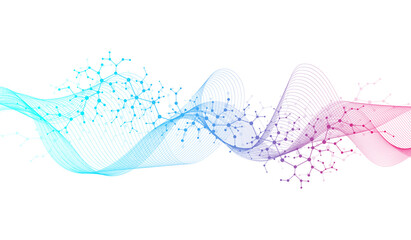 Poster - Molecular abstract structure and genetic engineering, healthcare and medicine background. Scientific research background. Wave flow, innovation pattern. Vector illustration.