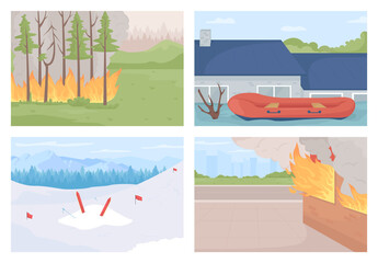 Poster - Environmental disasters flat color vector illustrations set. Natural incidents. Catastrophic weather events. Floods and fires 2D cartoon landscapes collection with natural scenery on background