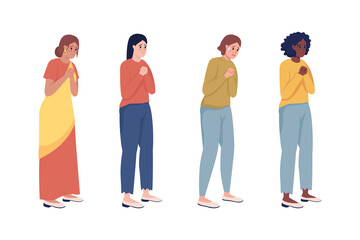 Sticker - Worried women semi flat color vector characters set. Full body people on white. Nervous women squeezing hands together isolated modern cartoon style illustrations for graphic design and animation