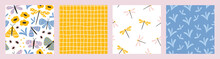 Butterfly, Dragonfly, Gingham Seamless Pattern Collection. Cute Doodle Hand Drawn Insects In Trendy Pastel Colors. Sweet Funny Scandinavian Prints For Kids Textile. Delicate And Trendy Design.