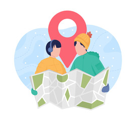 Wall Mural - Map tracking for winter hiking 2D vector isolated illustration. Man and woman on trip. Couple searching for route together flat characters on cartoon background. Wintertime recreation colourful scene