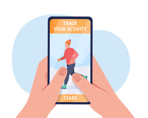 Poster - Mobile activity tracking 2D vector isolated illustration. Holding mobile phone with fitness application flat first view hand on cartoon background. Winter recreation colourful scene