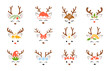 Christmas reindeer set. Kids holiday design with deer faces. Cute cartoon character. Vector decoration elements for celebrating Christmas and New Year.