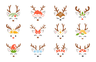 Wall Mural - christmas reindeer set. kids holiday design with deer faces. cute cartoon character. vector decorati