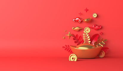 Chinese new year 2022 with Yuan Bao Chinese gold sycee and coin, copy space text, 3d rendering illustration