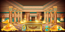 Egypt Pharaoh Tomb Game Background, Ancient Temple Interior, Secret Treasure Room, Gold Coin Pile. Old Civilization Palace Sarcophagus, Stone Column, Jewelry Chest, Mural Hieroglyphs. Egypt Tomb
