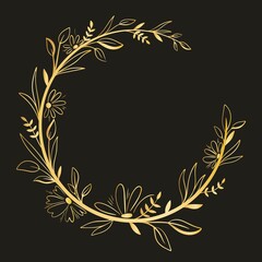 Gold floral wreath, vector illustration. Elegant luxury bezel, isolated object. Round botanical frame for congratulations or invitations.