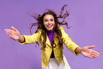 Poster - Photo of young cheerful lady open arms hospitable cuddle casual clothes isolated over violet color background