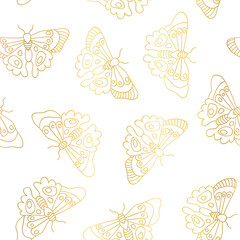 Wall Mural - Butterflies seamless vector pattern gold metallic foil effect. Butterfly golden background line art butterflies on white. Elegant hand drawn design for spring decor, summer, wrapping, surface design.