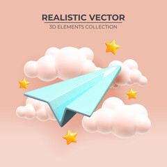 Poster - 3d render of flying paper airplane in pink sky. Realistic 3d design. Concept Online social network. Business communication applications. Marketing concept. Vector illustration