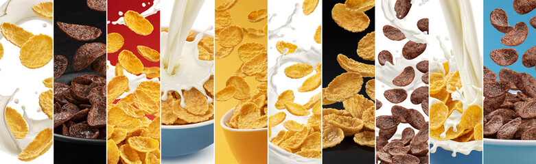 Canvas Print - Breakfast cereal collage, corn flakes with pouring milk
