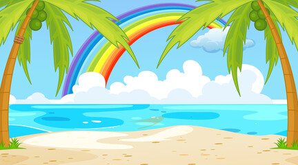 Wall Mural - Beach landscape scene with rainbow in the sky