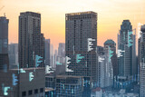 Fototapeta Miasto - Market behavior graph hologram, sunset panoramic city view of Bangkok, popular location to achieve financial degree in Southeast Asia. The concept of financial data analysis. Double exposure.