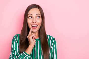 Poster - Photo of mature attractive lady finger touch chin guess idea think look empty space isolated over pastel color background