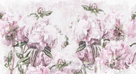 art peonies painted with pastels on a texture with shabby elements, wallpaper in a room or interior 