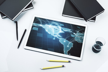 Leinwandbilder - Abstract digital world map with connections on modern digital tablet screen, big data and blockchain concept. Top view. 3D Rendering