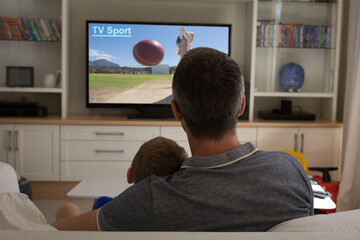 Poster - Rear view of father and son sitting at home together watching sport event on tv