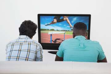 Wall Mural - Rear view of two friends sitting at home together watching athletics event on tv