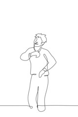 Wall Mural - man is standing dancing - one line drawing vector. concept of dance of a lonely man who is happy and smiling. vertical illustration