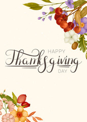 Wall Mural - Happy Thanksgiving Day. Card with floral watercolor frame