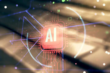 Poster - Double exposure of creative artificial Intelligence abbreviation hologram on shiny metal background. Future technology and AI concept