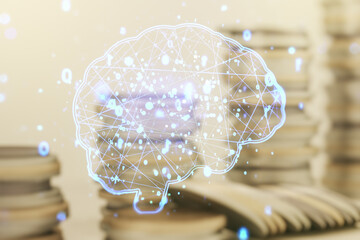 Poster - Double exposure of creative human brain microcircuit hologram on growing coins stacks background. Future technology and AI concept